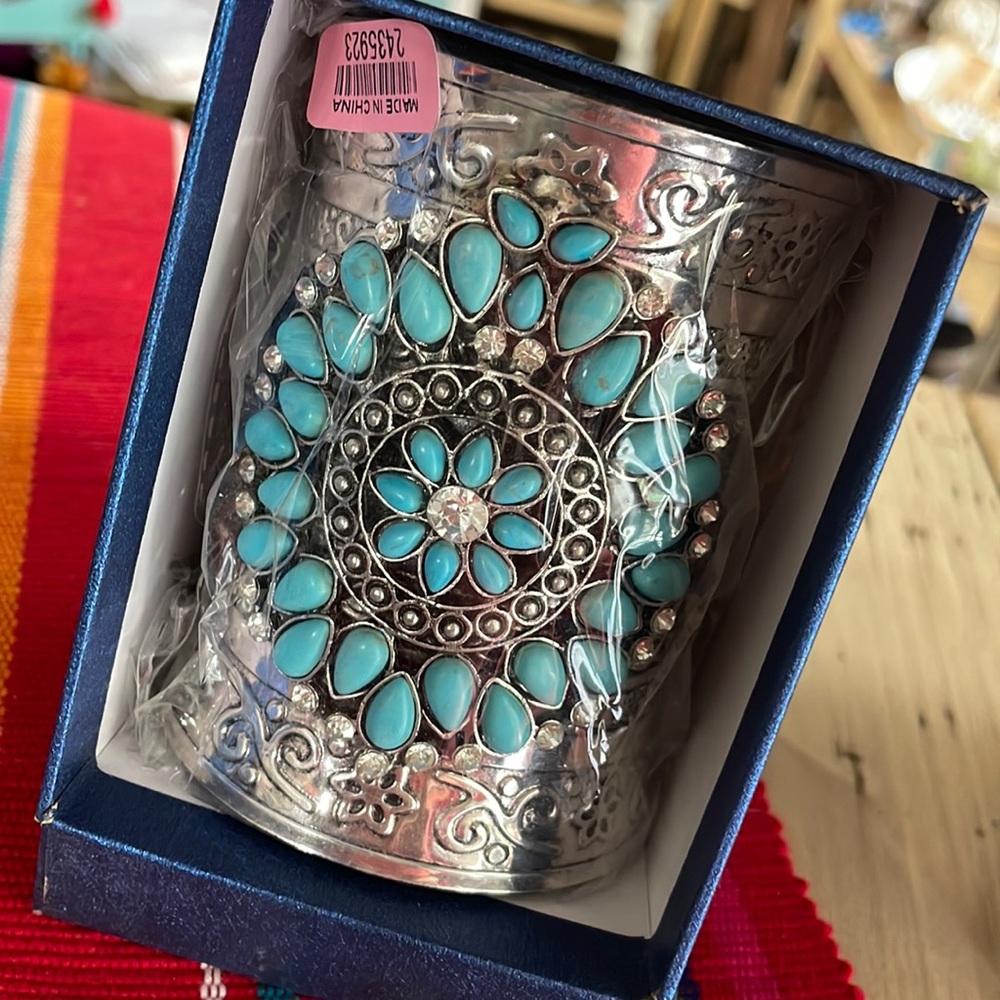 Gorgeous turquoise, silver and diamond large bangle cuff bracelet